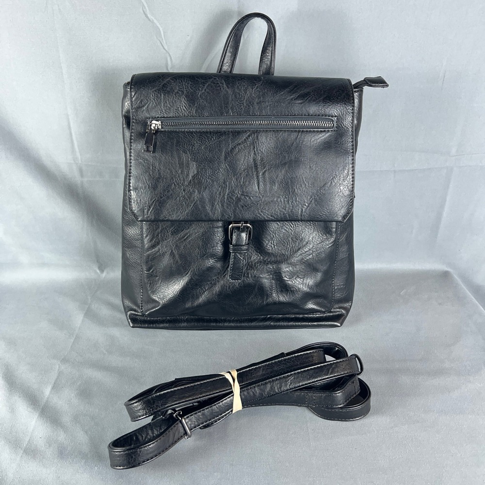 Womens Handbag Core Black Faux Leather Buckle Flap Adjustable Strap Backpack Bag